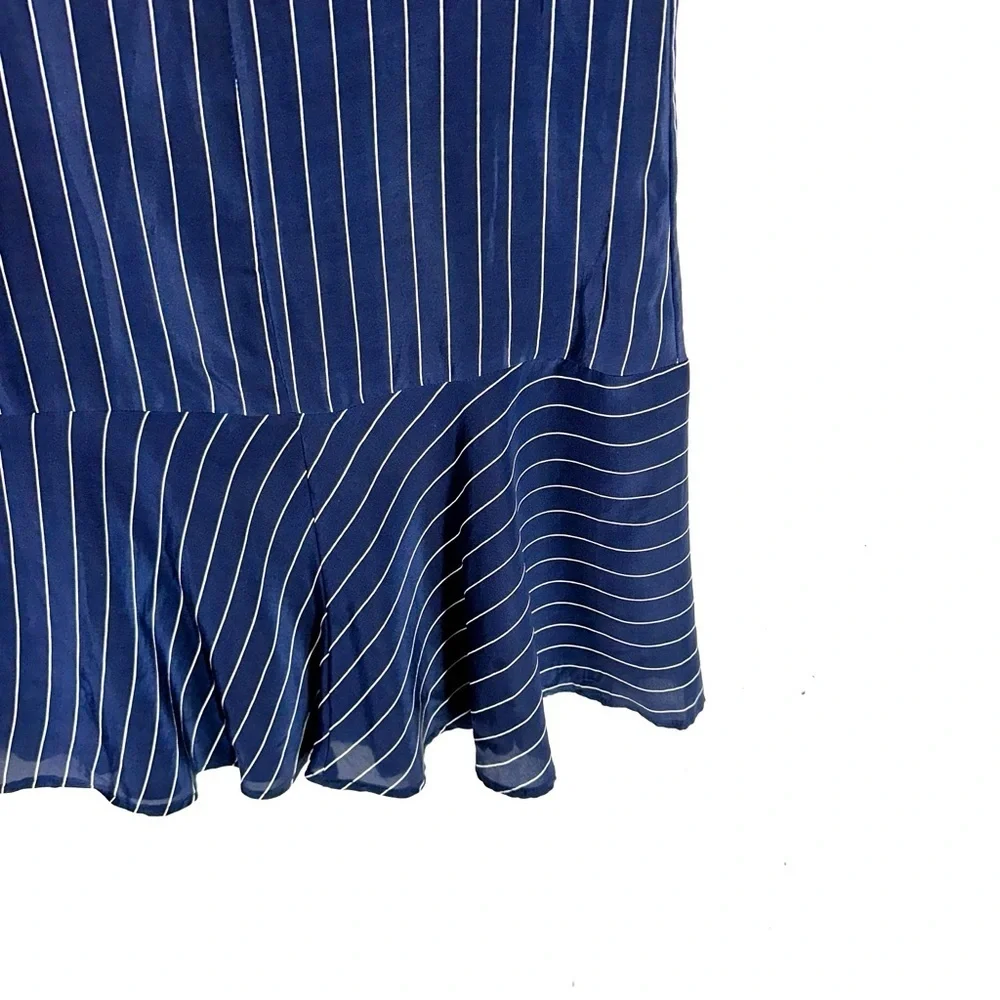 Amour Vert Pin Stripe Ruffle Hem Silk Mini Dress In Navy Blue Size S - Picture 8 of 9